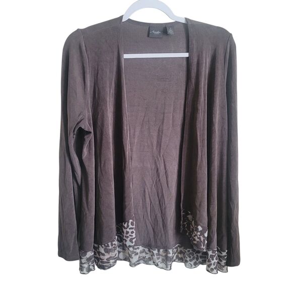 Chico's Travelers Acetate Cardigan Blouse Womens Medium Brown Leopard Print Trim - Picture 1 of 10